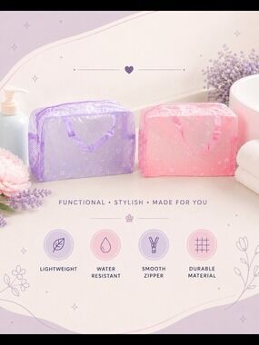 Pink Purple Floral Cosmetic Bag Clear Travel Makeup Organizer Set 2
